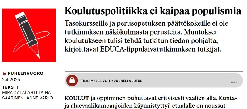 Koulutuspolitiikka ei kaipaa populismia (puheenvuoro Suomen Kuvalehti 2.4.2025)